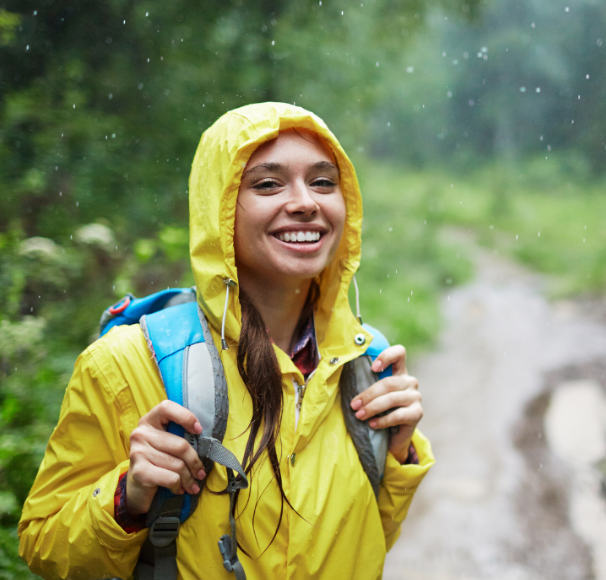 Woman standing in the rain wearing a raincoat